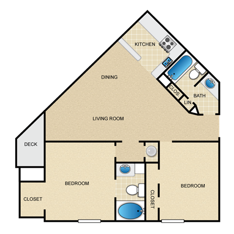 Floor plan for 2 beds, 2 baths, 850 sqft